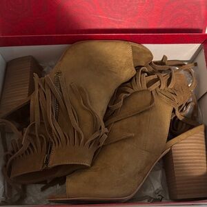 Carlos by Carlos Santana Tan Suede Fringe Peep-Toe Block Heel Boots